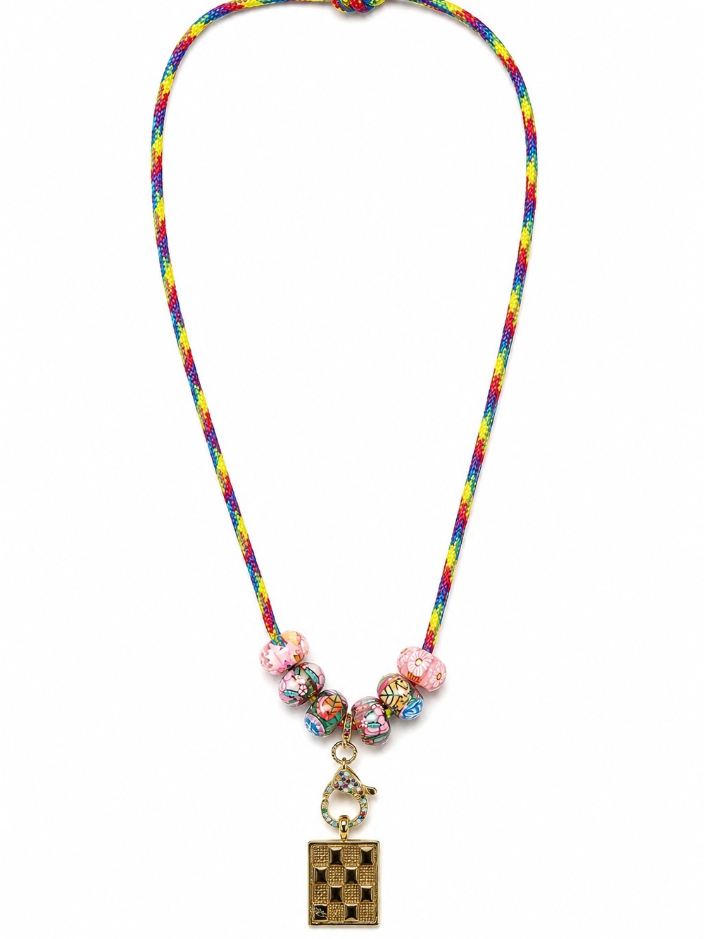 Audrey Limoges Collection Rainbow Cord Necklace with Pave Clasp & Checker Charm